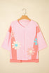 Mixed Daisy Applique Exposed Seam Oversized V Neck Top